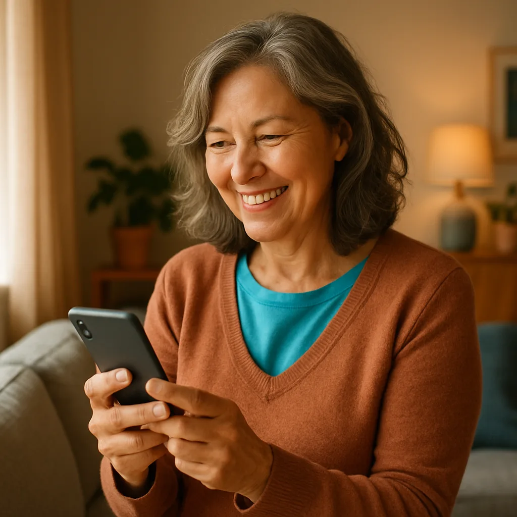 Smiling woman confidently checking her phone — verified profiles on The Cumbria Dating Site